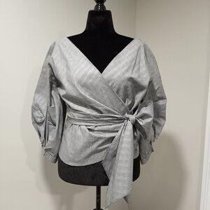 EXPRESS BLACK WHITE HERRINGBONE CHECK TIERED PUFF SLEEVE WRAP BLOUSE SIZE S